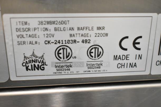 BRAND NEW Carnival King 382WBM26DGT Double Belgian Waffle Maker; digital controls; 120V; ETL certified; Made in China.