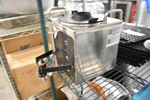 BRAND NEW Bunn GEM-3 1.5 Gallon Satellite Coffee Server, minor scratches and dents, stainless steel, with spout and handles.
