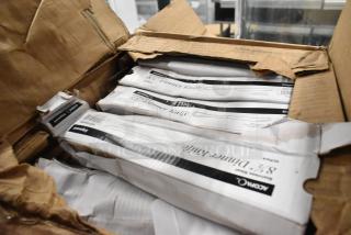 Box of Acopa Edgewood 8 1/2" stainless steel dinner knives, 12 per case, brand new with visible box damage.