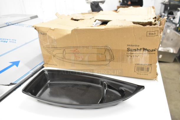 2 BRAND NEW SCRATCH AND DENT! Black melamine sushi boat, 12" x 5 7/16", Emperor's Select, in partially damaged box.