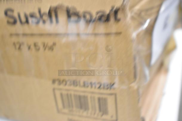 Close-up of a cardboard box labeled "12 x 5 7/16" Box contains Emperor's Select black melamine sushi boats, model #303BLB112BK.