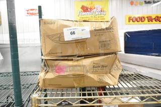 2 Emperor's Select black melamine sushi boat cases, model 303BLB112BK, 12"x5 7/16", brand new with some box damage.