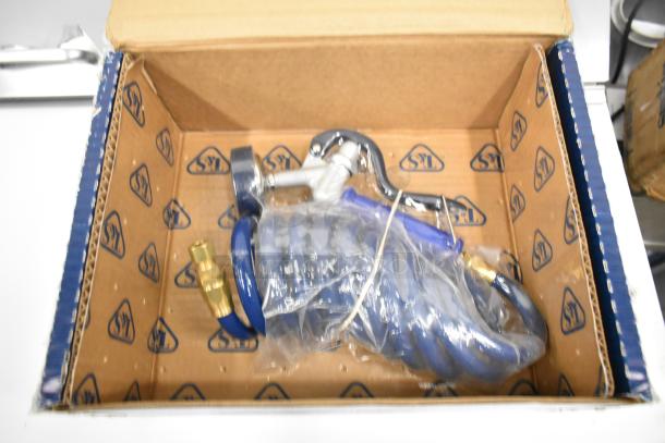 New T&S PG-35AV-CH grooming spray valve with 9' coiled hose, 1/4" NPT male connection in box, scratch and dent item.