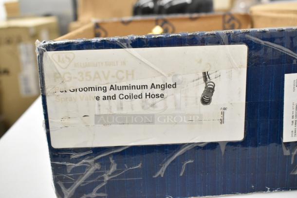 Box showing T&S PG-35AV-CH Pet Grooming Angled Spray Valve, sealed in plastic.