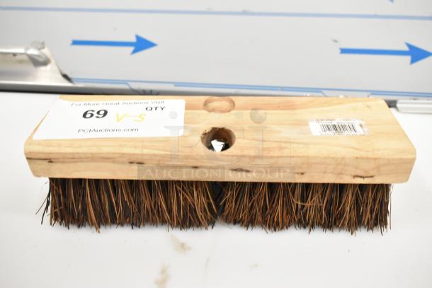 Brand new 10" Palmyra deck scrub brush, model 3619200, wood base with natural bristles, labeled for sale.