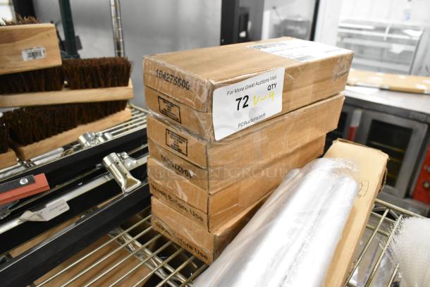 Boxes of 215BEVDPLTCH Choice Black Insulated Beverage Dispenser Latch, marked as new with minor damage, four boxes stacked.