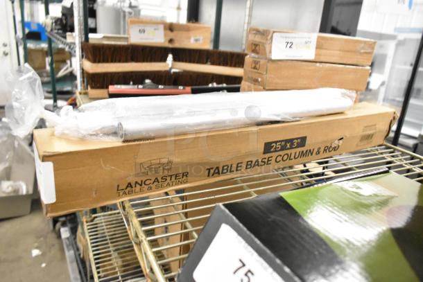 Two boxes of Lancaster Table & Seating 25" table base columns and rods, new scratch and dent condition, on a shelf.