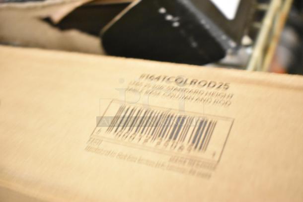 Box labeled 164TCOLROD25 for Lancaster Table & Seating 25 3/16" standard height table base column and rod, new condition.