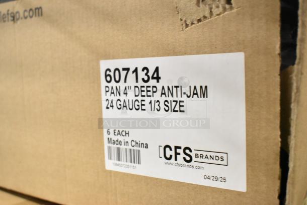 Cardboard box with label reading: "607134 Pan 4" Deep Anti-Jam, 24 Gauge 1/3 Size, 6 Each, Made in China, CFS Brands."