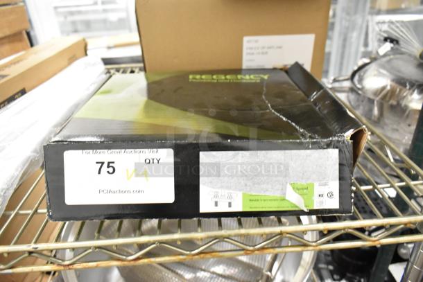 Regency faucet handles in damaged box labeled "75 QTY VH", showing signs of scratches.
