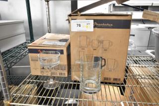 New scratch and dent Pasabahce Elysia 9 oz. coupe glass and 22 oz. beer mug from Steelite International, boxed.