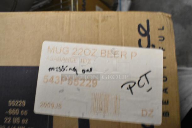 Box label showing "Mug 22oz Beer P" with model 543P55229 from Pasabahce. Note: "missing one" is handwritten.
