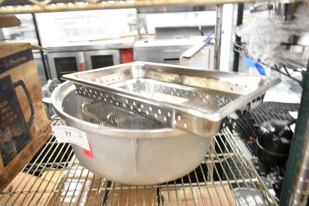 3 brand new scratch and dent items: Vollrath Super Pan V® perforated steam table pan, Pitco® twin fryer basket, metal rice cooker insert.