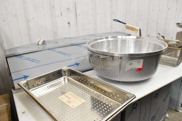 Vollrath 30023 anti-jam perforated stainless steel pan, Pitco twin fryer basket, metal rice cooker insert. New condition.