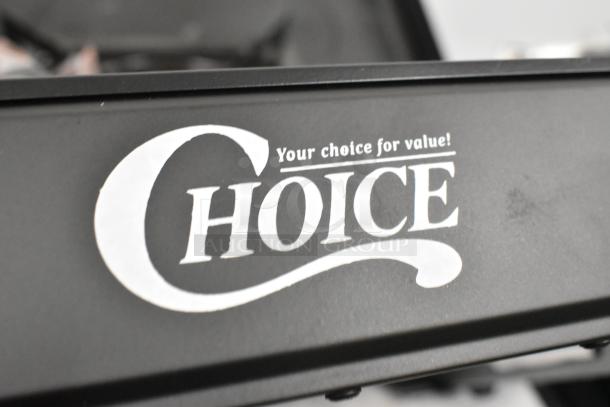 Brand new Choice 1-burner and 2-burner butane stoves, 15,000 BTU and 30,000 BTU. Brass burner, labeled "Your choice for value!"