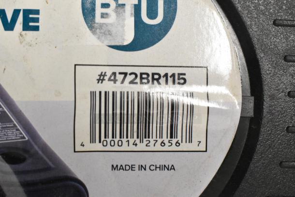 Barcode label for model #472BR115 Choice 1-Burner Butane Range, 15,000 BTU, made in China, scratch and dent condition.