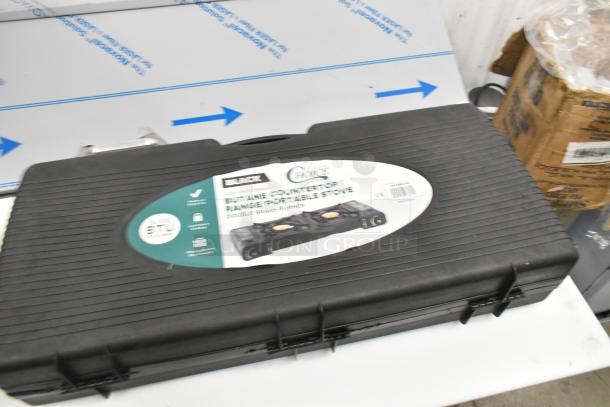 Portable stove set, includes 472BR115 single-burner and 472BR215 double-burner models, new with case, brass burners.