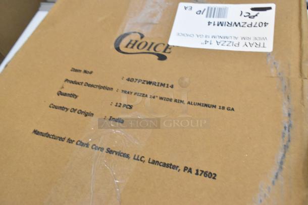 Cardboard box showing Choice 14" Aluminum Wide Rim Pizza Pan details, item number 407PZWRIM14, quantity 12, made in India.