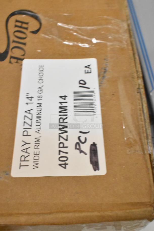 Box with label showing 14" Choice aluminum pizza pan model 407PZWRIM14, new condition, 18 gauge wide rim.