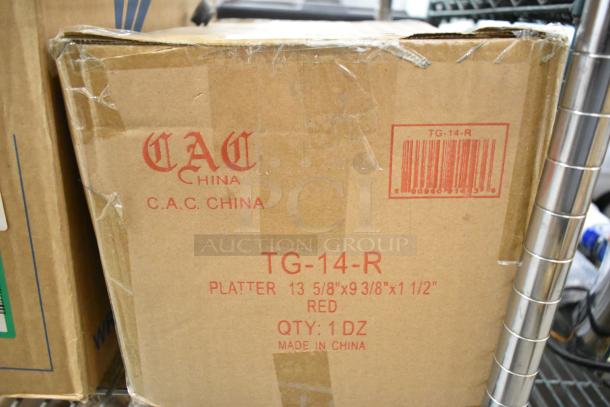 Box labeled CAC TG-14-R Red Oval Platter, 13 5/8" x 9 3/8", 12 per case, made in China. Box condition: new, visible wear.