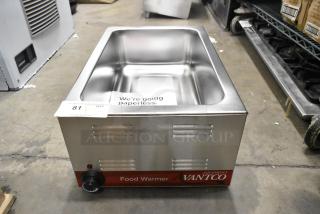 Brand new Avantco 177W50 electric countertop food warmer, 12"x20", 120V, 1 phase, stainless steel, slight scratches, tag visible.