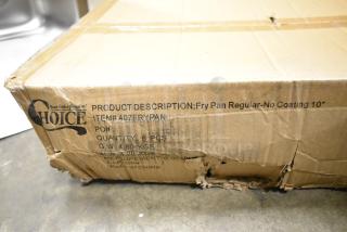 Cardboard box displaying "Choice" brand, item #407FRYPAN, Fry Pan Regular-No Coating 10", quantity 6, Made in China.