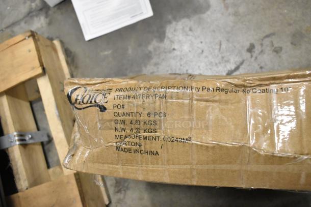 Box labeled Choice 407FRYPAN, 12" aluminum fry pan, six pieces, new condition, made in China, scratch and dent items.