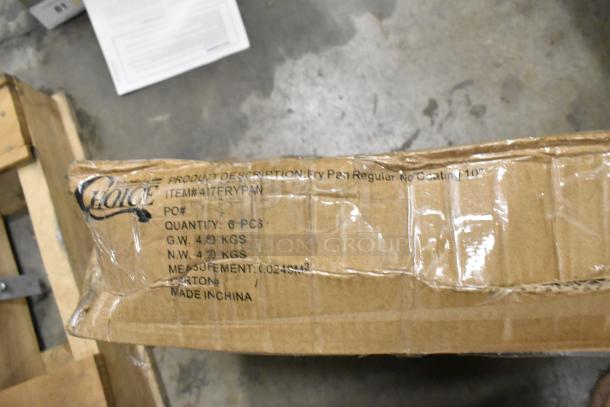 Cardboard box with "Choice" brand label, containing 6 new 12" aluminum fry pans. Box states model #407FRYPAN, made in China.