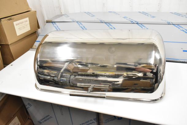3 Acopa 8 Qt. Supreme Roll Top Chafer Covers, chrome trim, new with scratch and dent, model 922EC15CHRLD.