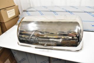 3 Acopa 8 Qt. Supreme Roll Top Chafer Covers, chrome trim, new with scratch and dent, model 922EC15CHRLD.