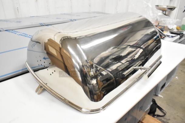 3 Acopa 922EC15CHRLD 8 Qt. Supreme Roll Top Chafer Covers, chrome trim, new scratch and dent condition, auction item.