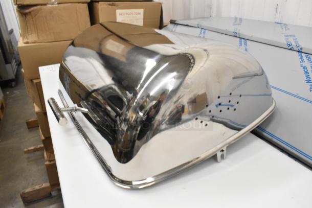 3 Acopa 8 Qt. Supreme roll top chafer covers, chrome trim, scratch and dent, new condition, model 922EC15CHRLD.