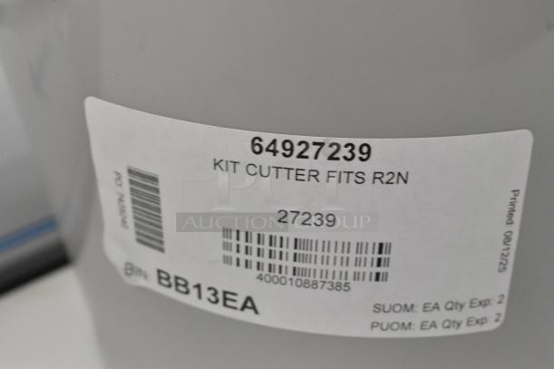 Robot Coupe 3 Qt. Cutter Bowl Kit, model 64927239, gray, new with minor dents, includes S blade. Label shows barcode and product details.