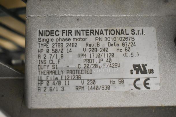 Brand new Nidec motor with scratches and dents, 208-240V, 1 phase, thermally protected, 0.50 HP, 1710/1120 RPM.