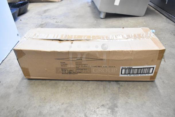 Cardboard box containing 6 new scratch and dent Mr. Bar-B-Q 3-piece BBQ tool sets, item 02465YNST, with spatula, fork, tongs.