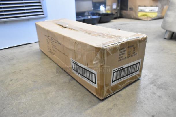 Cardboard box containing six brand new Mr. Bar-B-Q 3-piece barbeque tool sets with spatula, fork, and tongs. Slightly dented.