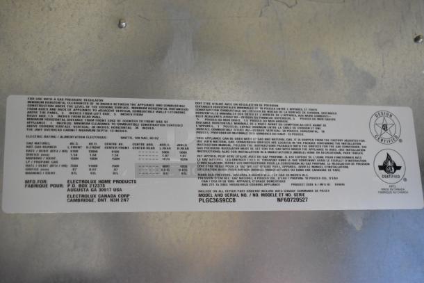 Label for Frigidaire PLGC36S9CCB Gas 5 Burner Range showing technical specifications and product certifications.