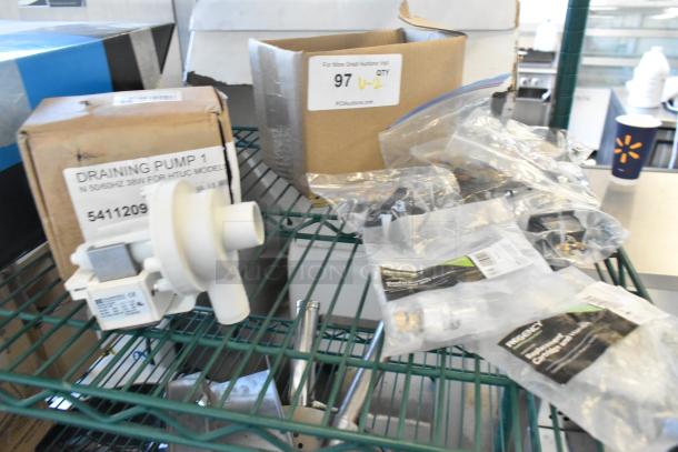 Brand new MainStreet Equipment draining pump and Regency cold faucet cartridge, packaged. Model 54112094265, 38W, 50/60Hz.