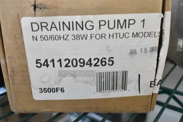Brand new MainStreet Equipment draining pump, model 54112094265, 38W, 50/60Hz for HTUC models. Box labeled, minor wear.