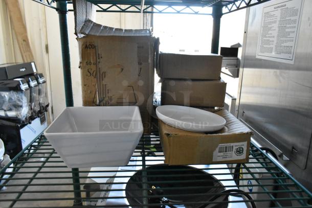 5 brand new items including Acopa Rittenhouse 50 oz. square white melamine bowl, American Metalcraft Ani 6 1/4" round melamine plate, boxes visible.
