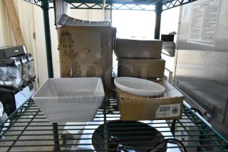 5 brand new items including Acopa Rittenhouse 50 oz. square white melamine bowl, American Metalcraft Ani 6 1/4" round melamine plate, boxes visible.