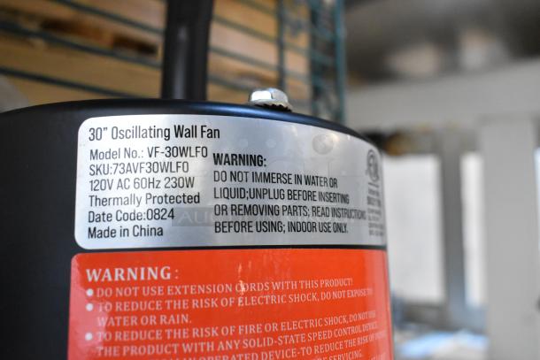 BRAND NEW SCRATCH AND DENT! Boltic VF-30WLF0 30" Oscillating Fan Motor. 120V, 1 Phase, thermally protected. Labels show model info and safety warnings.