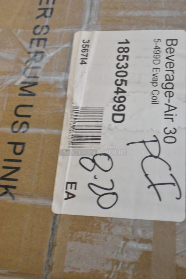 Beverage-Air 185305499D evaporator coil packaging with label for SP, UC, VSP, VUR, VWR, WT series. New condition.