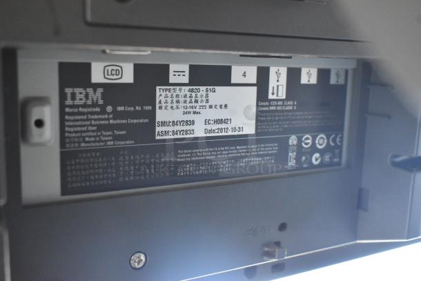 Rear view of IBM 4820-51G Monitor showing label with specs and manufacturing details; Type: 4820-51G, Date: 2012-10-31.
