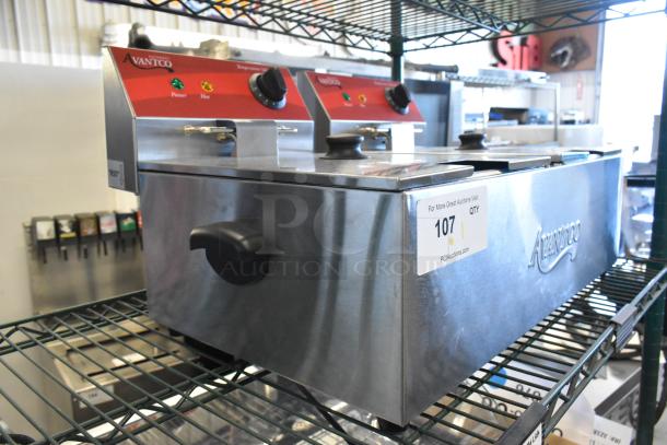 Brand new Avantco 177F102 stainless steel dual tank electric countertop fryer, scratch and dent, 20 lb capacity, with two lids.