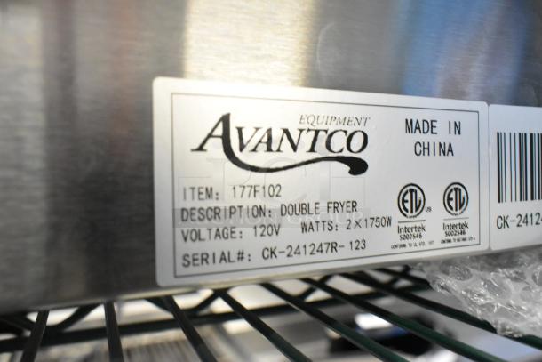 Avantco 177F102 stainless steel dual tank fryer label, indicating 120V, 1750W, made in China, with ETL certification.
