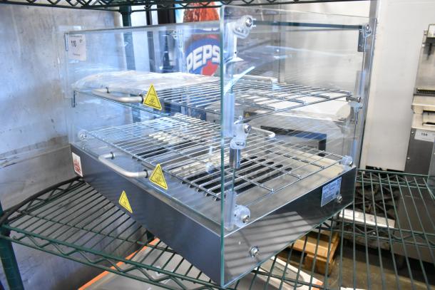 Carnival King hot food display case, model 382HDSG2A, brand new, silver, glass square, 2 shelves, 120V, 1 phase.