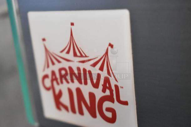 Carnival King logo close-up on the silver glass hot food display case, model 382HDSG2A, brand new scratch and dent condition.