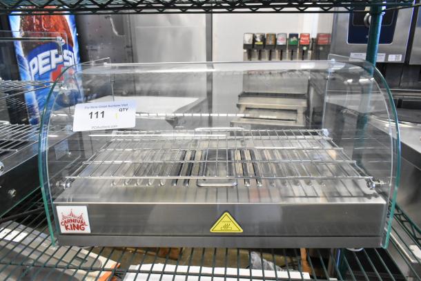 BRAND NEW Carnival King 382HDCG1A Silver Hot Food Display Case, curved glass, 1 shelf, 120V, 1 Phase, scratch and dent condition.