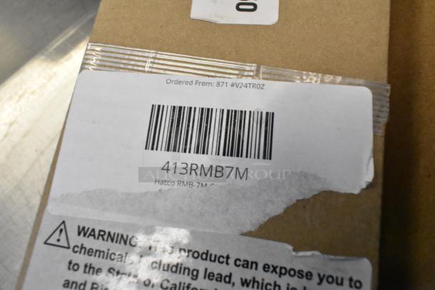 Brown box label showing "Hatco RMB-7M Control Box 413RMB7M." Barcode and partial warning visible.